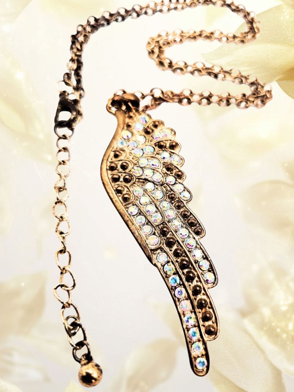 Angel Wing Pendant Necklace Antique Gold AB Crystal Rhinestone Feather Wing